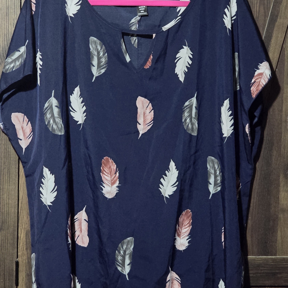 SHEIN Navy Feather Print Blouse